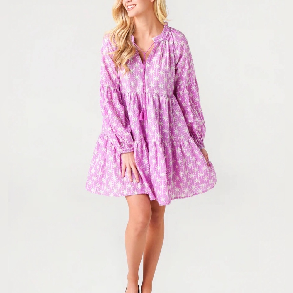 Tuckernuck Oliphant Virgo Puff Sleeve Mini Dress Purple Silver Small Tiered
